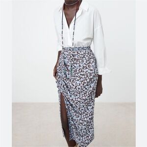 zara Women Xs Midi Skirt M floral printed blue brown Beach Retro  New 2492/154